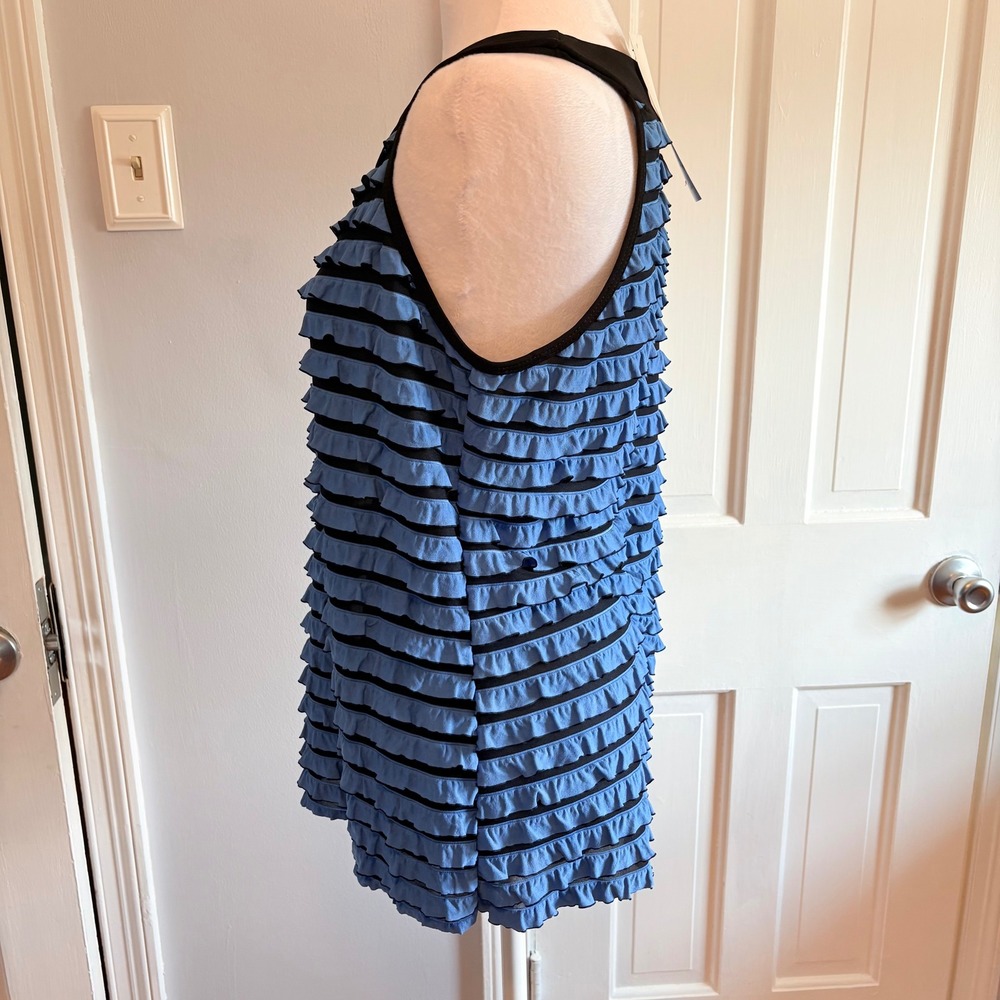 NY Collection Womens Large Tank Top Blue Black Tiered Ruffled Sleeveless Blouse - Picture 2 of 8